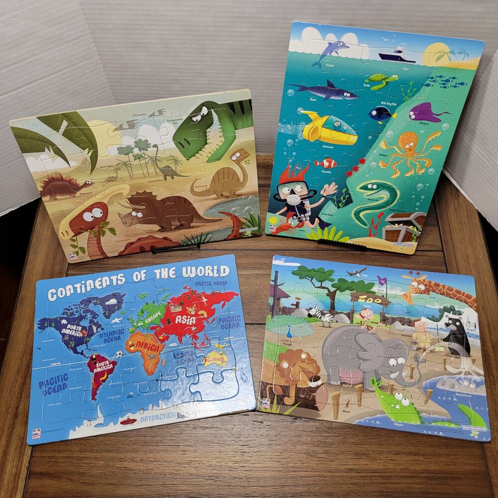Set of 4 Play Monster 11" x 14" Kid Puzzles: Dinosaurs, Zoo, Sea, Continents